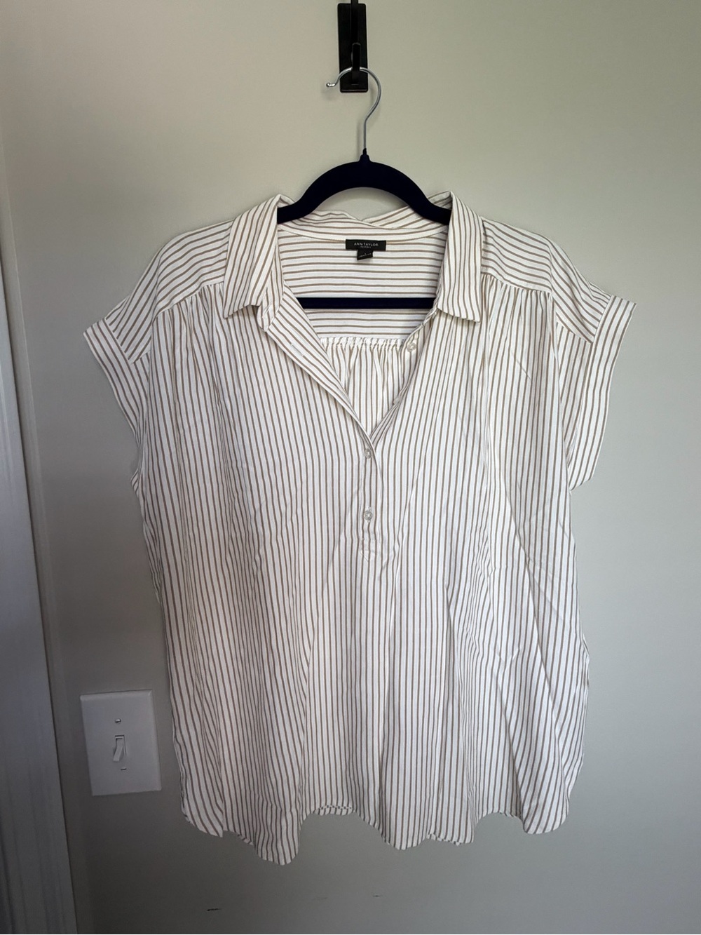 Ann Taylor White Blouse with Navy Pinstripes